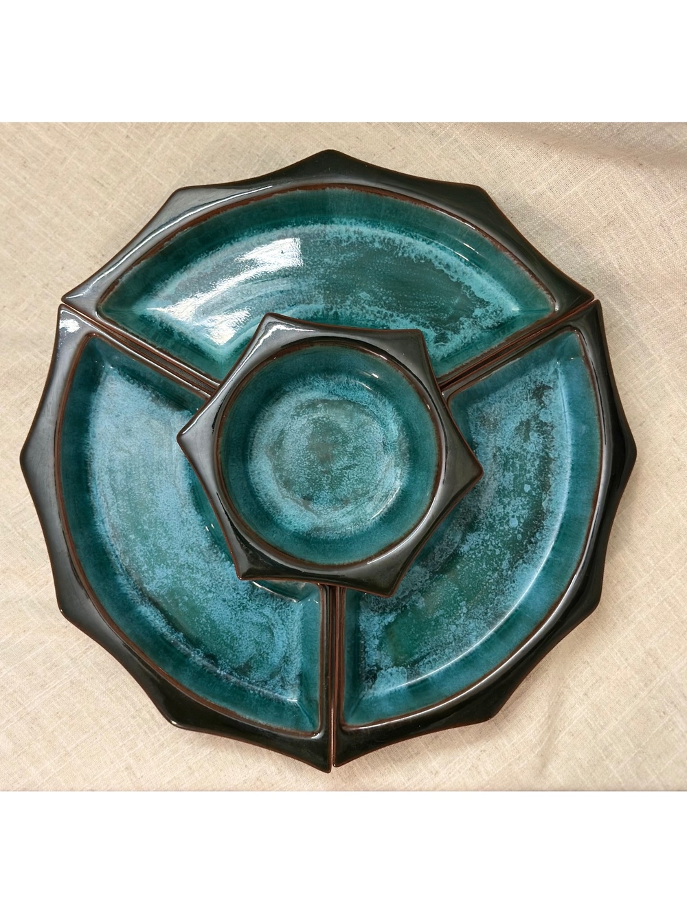 Vintage Blue Mountain Pottery 4pc Chip Dip Serving Set Canada Green Drip Glaze